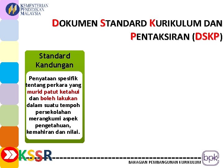 DOKUMEN STANDARD KURIKULUM DAN PENTAKSIRAN (DSKP) Standard Kandungan Penyataan spesifik tentang perkara yang murid