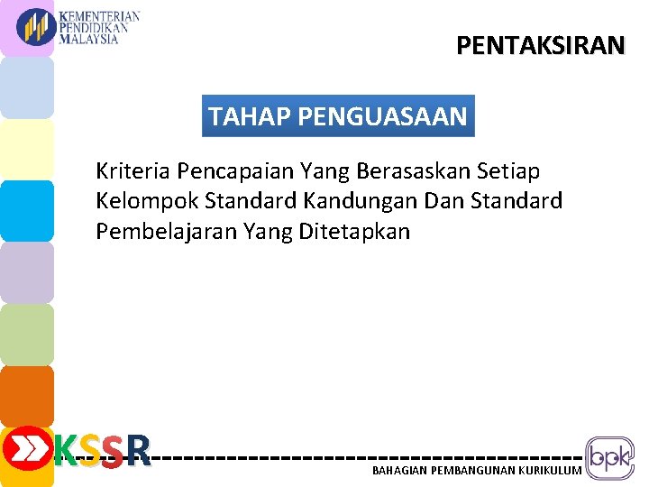 PENTAKSIRAN TAHAP PENGUASAAN Kriteria Pencapaian Yang Berasaskan Setiap Kelompok Standard Kandungan Dan Standard Pembelajaran