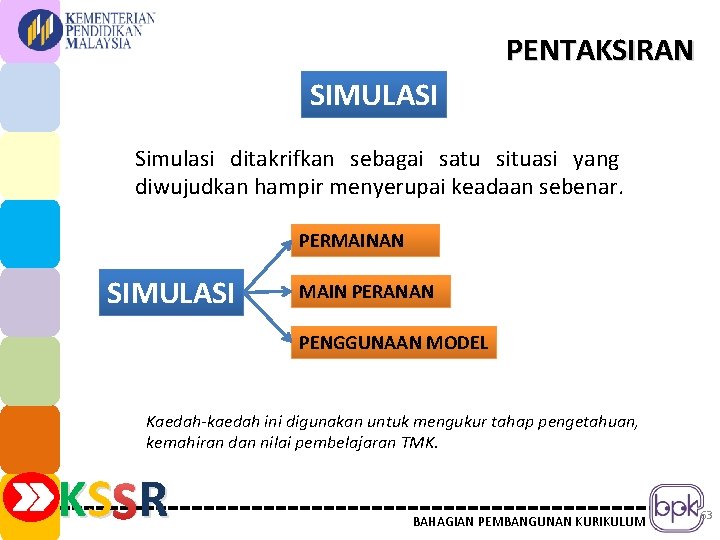 PENTAKSIRAN SIMULASI Simulasi ditakrifkan sebagai satu situasi yang diwujudkan hampir menyerupai keadaan sebenar. PERMAINAN