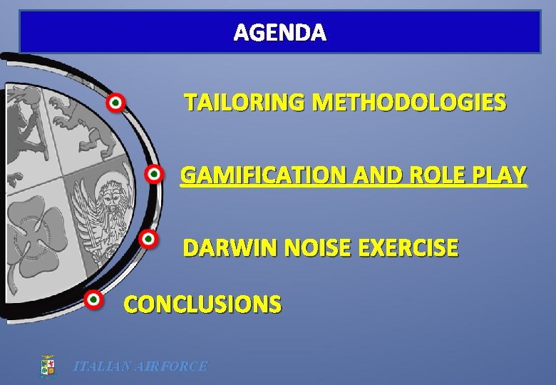 AGENDA TAILORING METHODOLOGIES GAMIFICATION AND ROLE PLAY DARWIN NOISE EXERCISE CONCLUSIONS ITALIAN AIRFORCE 