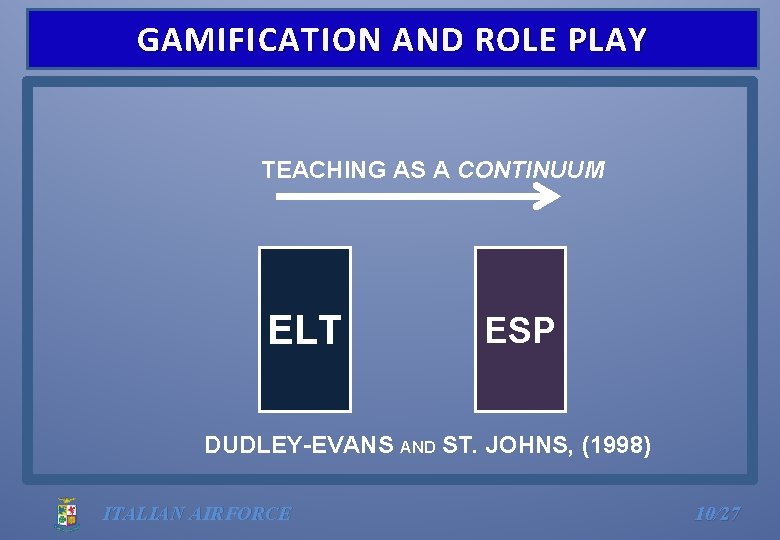 GAMIFICATION AND ROLE PLAY TEACHING AS A CONTINUUM ELT ESP DUDLEY-EVANS AND ST. JOHNS,