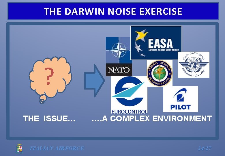 THE DARWIN NOISE EXERCISE ? THE ISSUE… ITALIAN AIRFORCE …. A COMPLEX ENVIRONMENT 24/27