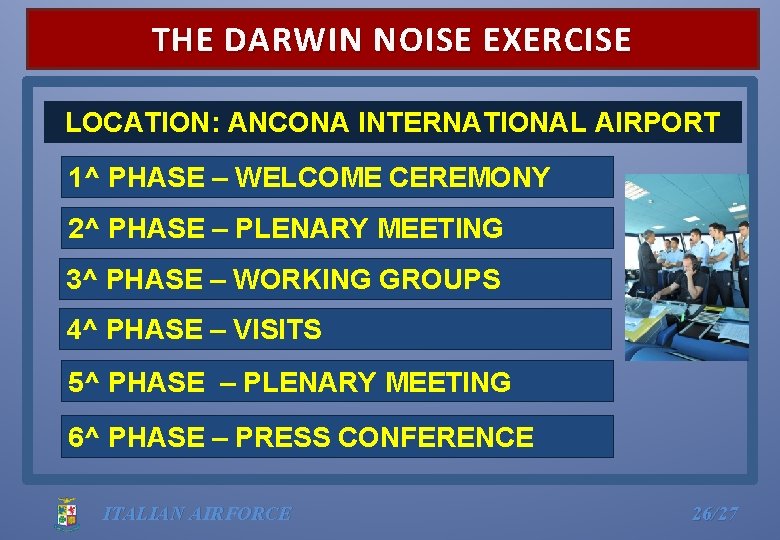 THE DARWIN NOISE EXERCISE LOCATION: ANCONA INTERNATIONAL AIRPORT 1^ PHASE – WELCOME CEREMONY 2^