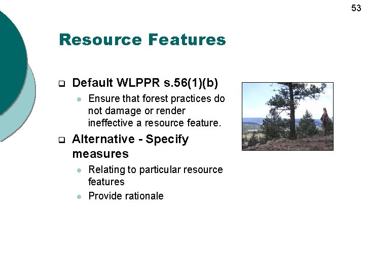 53 Resource Features q Default WLPPR s. 56(1)(b) l q Ensure that forest practices