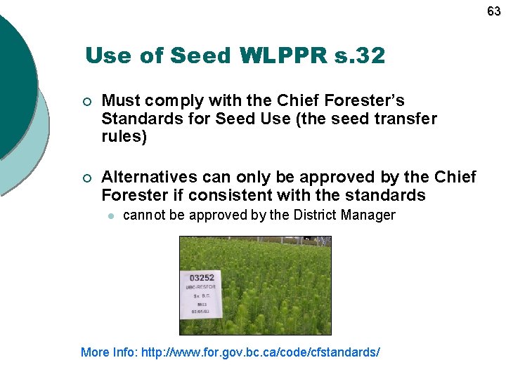 63 Use of Seed WLPPR s. 32 ¡ Must comply with the Chief Forester’s