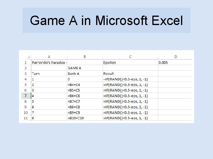 Game A in Microsoft Excel 