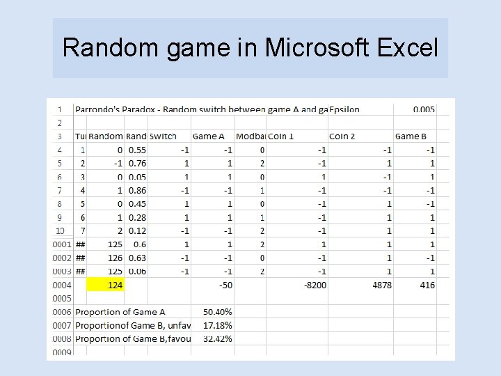 Random game in Microsoft Excel 