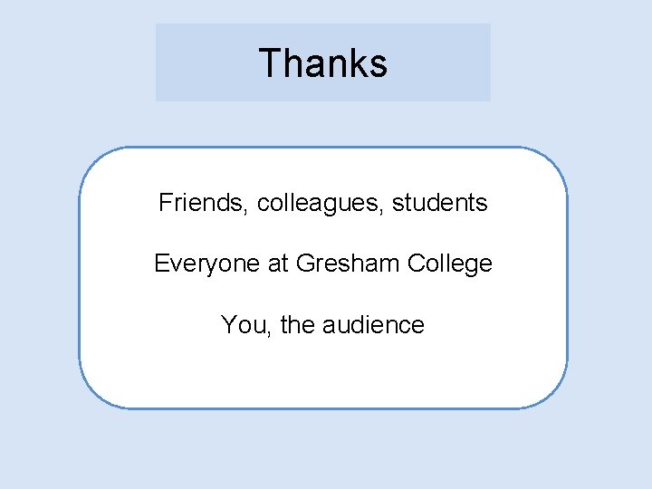 Thanks Friends, colleagues, students Everyone at Gresham College You, the audience 