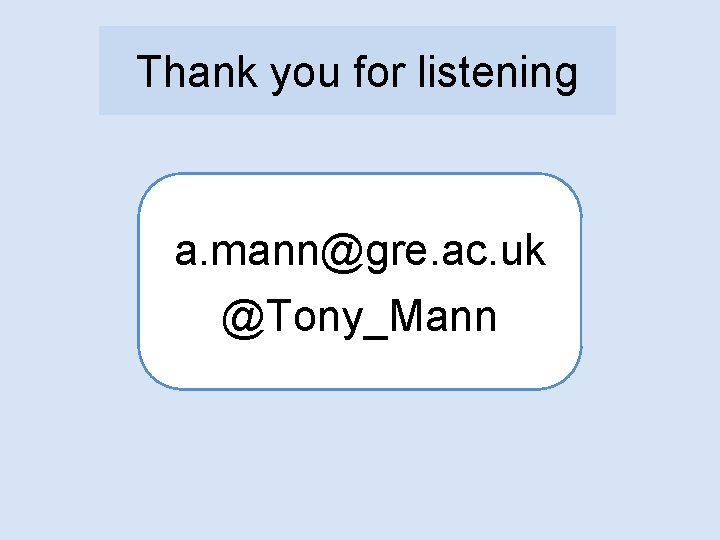 Thank you for listening a. mann@gre. ac. uk @Tony_Mann 