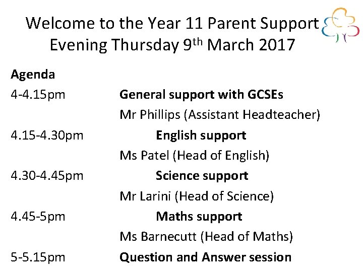 Welcome to the Year 11 Parent Support Evening Thursday 9 th March 2017 Agenda