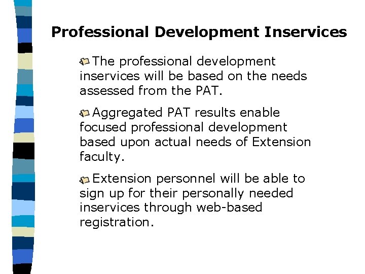 Professional Development Inservices The professional development inservices will be based on the needs assessed