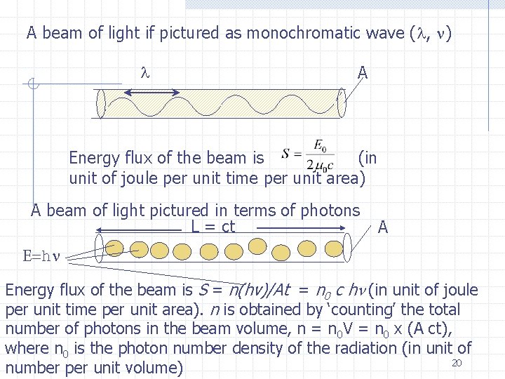 A beam of light if pictured as monochromatic wave (l, n) l A Energy