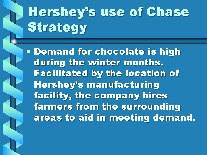 Hershey’s use of Chase Strategy • Demand for chocolate is high during the winter