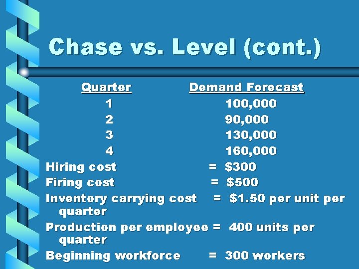 Chase vs. Level (cont. ) Quarter Demand Forecast 1 100, 000 2 90, 000 Chase vs. Level (cont. ) Quarter Demand Forecast 1 100, 000 2 90, 000