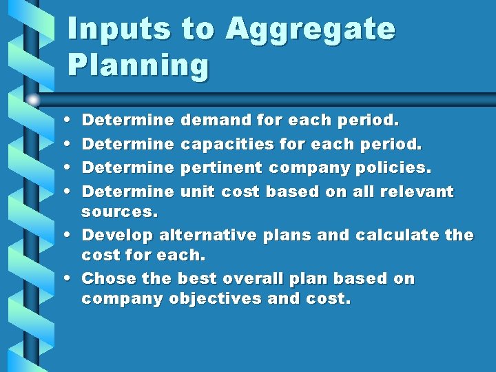 Inputs to Aggregate Planning • • Determine demand for each period. Determine capacities for