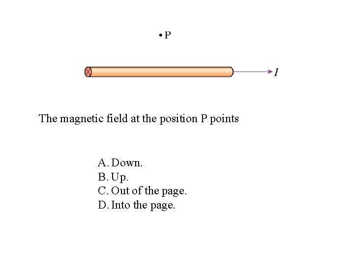 The magnetic field at the position P points A. Down. B. Up. C. Out