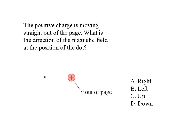 The positive charge is moving straight out of the page. What is the direction