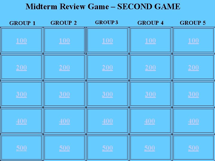 Midterm Review Game – SECOND GAME GROUP 3 GROUP 1 GROUP 2 GROUP 4