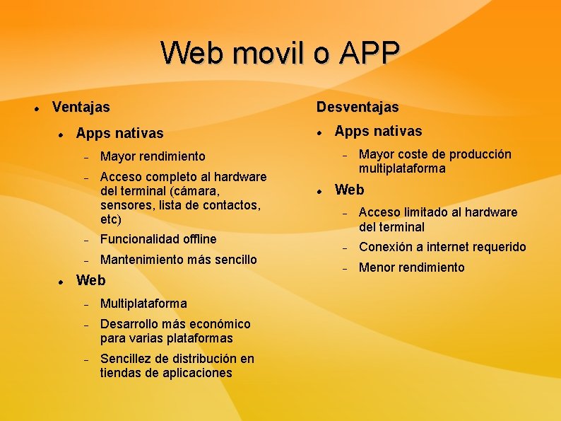 Web movil o APP Ventajas Apps nativas Mayor rendimiento Acceso completo al hardware del