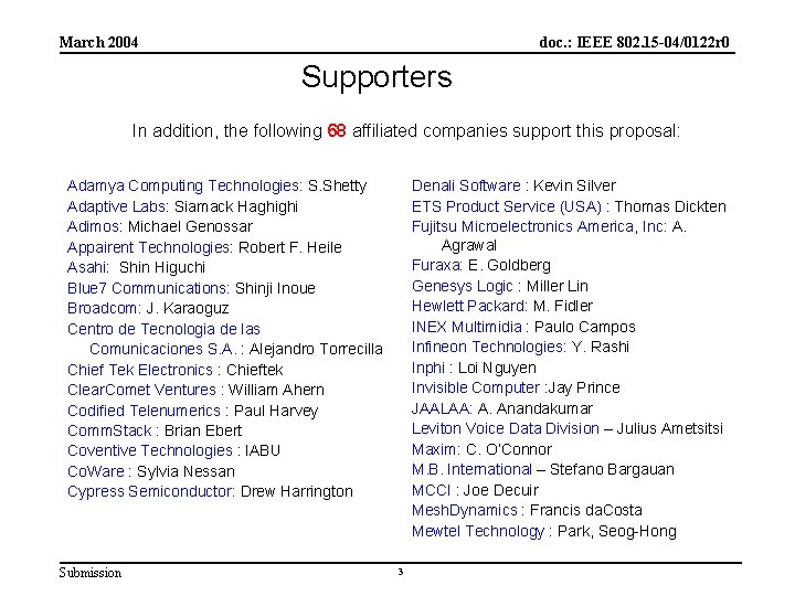 March 2004 doc. : IEEE 802. 15 -04/0122 r 0 Supporters In addition, the