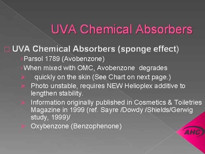 UVA Chemical Absorbers � UVA Chemical Absorbers (sponge effect) ›Parsol 1789 (Avobenzone) ›When mixed