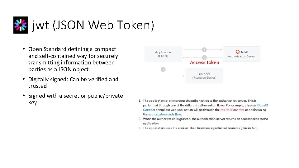 jwt (JSON Web Token) • Open Standard defining a compact and self-contained way for