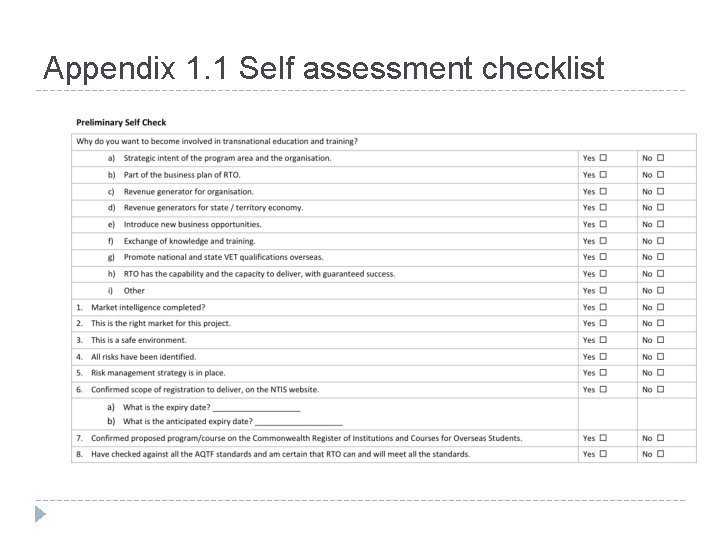 Appendix 1. 1 Self assessment checklist 