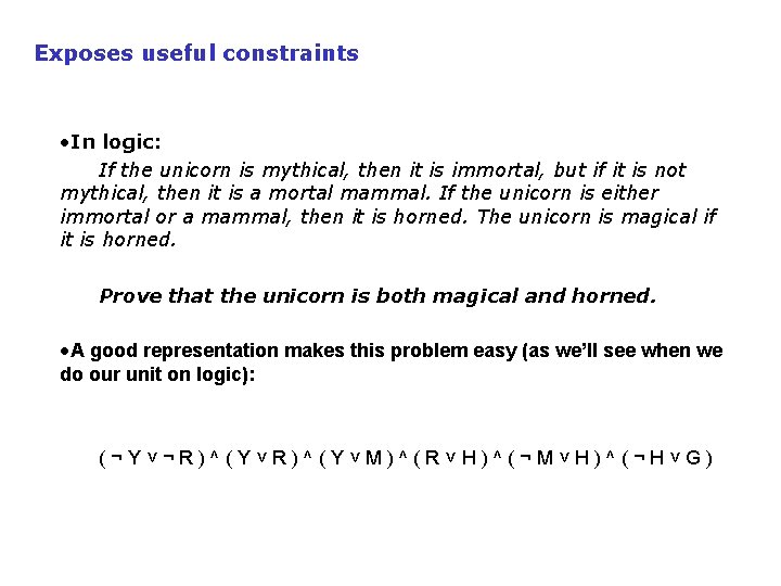 Exposes useful constraints • In logic: If the unicorn is mythical, then it is