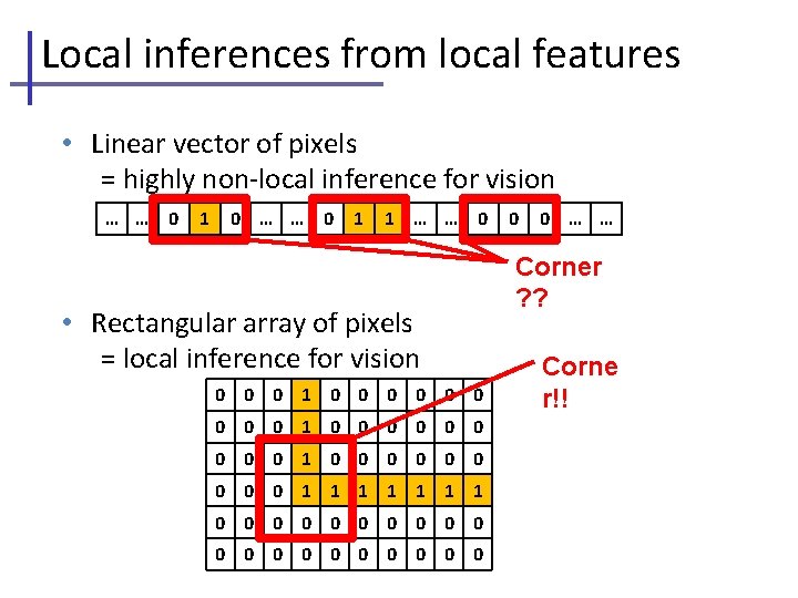 Local inferences from local features • Linear vector of pixels = highly non-local inference Local inferences from local features • Linear vector of pixels = highly non-local inference