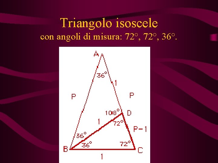 Triangolo isoscele con angoli di misura: 72°, 36°. 