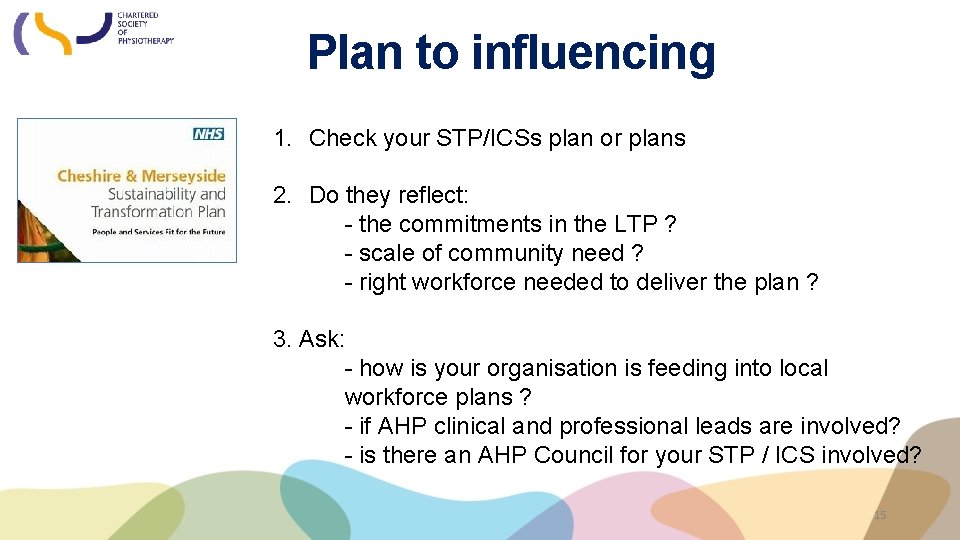 Plan to influencing 1. Check your STP/ICSs plan or plans 2. Do they reflect: