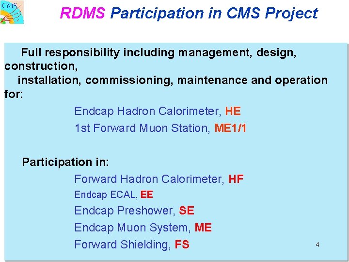 RDMS Participation in CMS Project Full responsibility including management, design, construction, installation, commissioning, maintenance