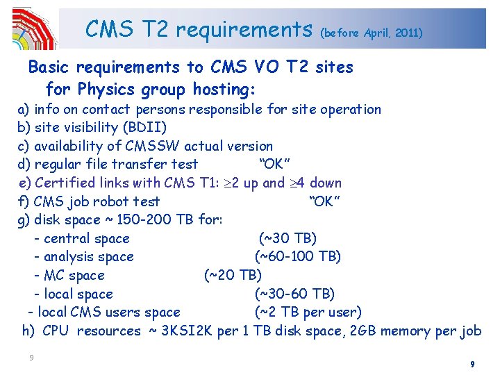 CMS T 2 requirements (before April, 2011) Basic requirements to CMS VO T 2