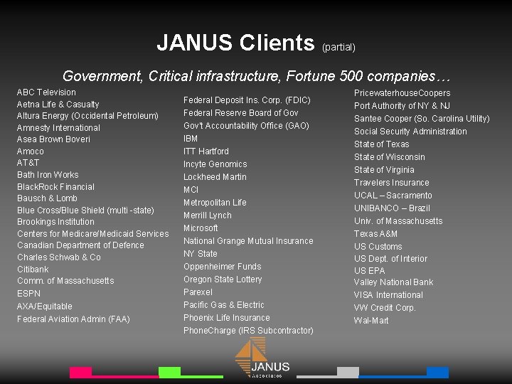 JANUS Clients (partial) Government, Critical infrastructure, Fortune 500 companies… ABC Television Aetna Life &