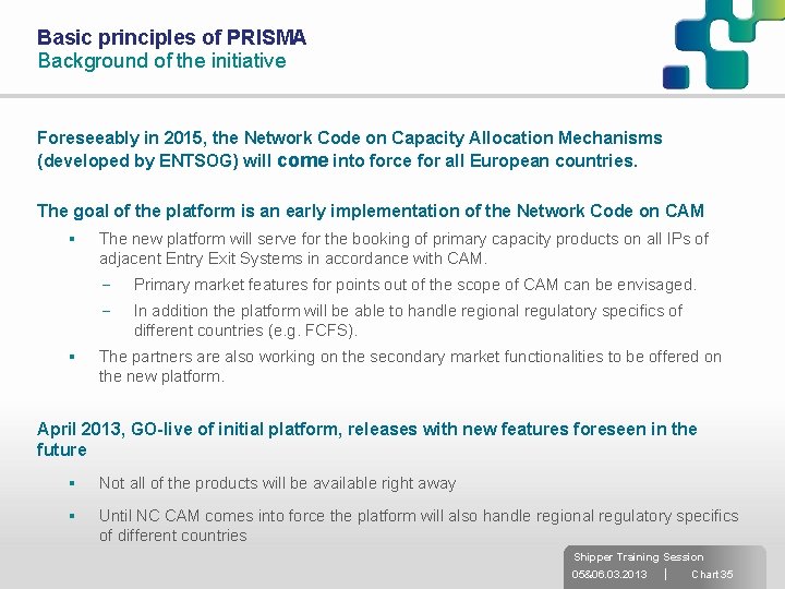 Basic principles of PRISMA Background of the initiative Foreseeably in 2015, the Network Code