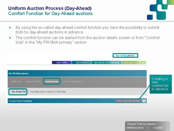 Uniform Auction Process (Day-Ahead) Comfort Function for Day-Ahead auctions § § By using the