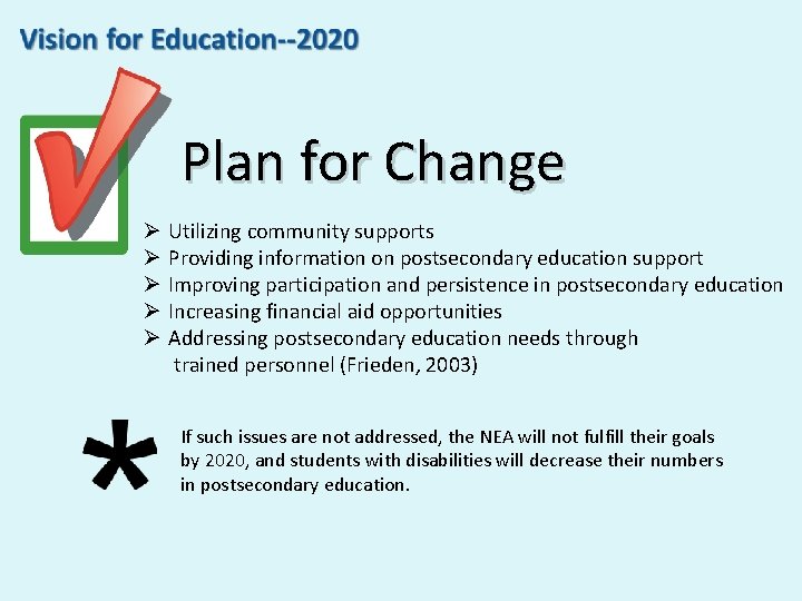Plan for Change Ø Ø Ø Utilizing community supports Providing information on postsecondary education Plan for Change Ø Ø Ø Utilizing community supports Providing information on postsecondary education