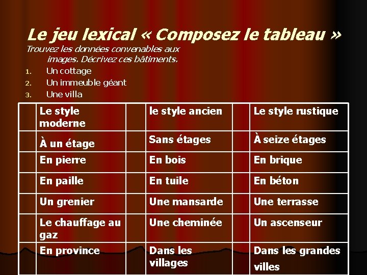 Le jeu lexical « Composez le tableau » Trouvez les données convenables aux images.