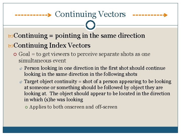 Continuing Vectors Continuing = pointing in the same direction Continuing Index Vectors Goal =