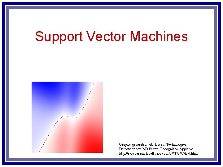 Support Vector Machines Graphic generated with Lucent Technologies Demonstration 2 -D Pattern Recognition Applet