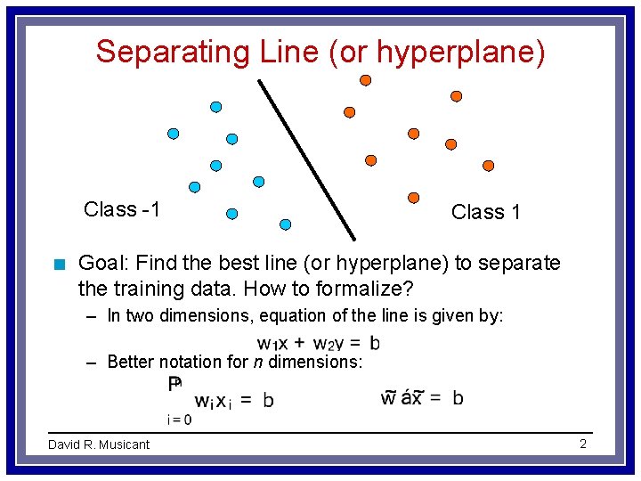 Separating Line (or hyperplane) Class -1 n Class 1 Goal: Find the best line