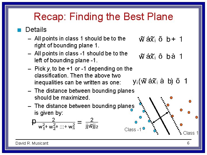 Recap: Finding the Best Plane n Details – All points in class 1 should