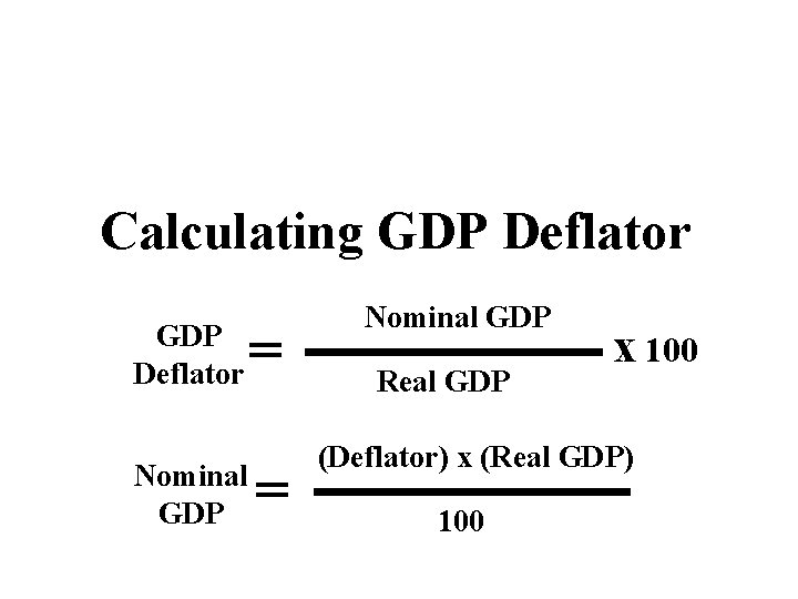 Calculating GDP Deflator Nominal GDP = = Nominal GDP Real GDP x 100 (Deflator)