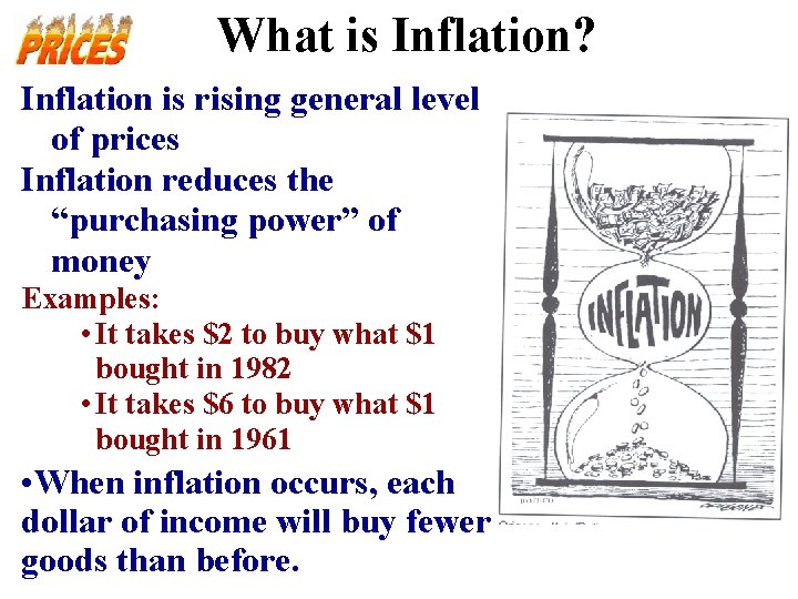 What is Inflation? Inflation is rising general level of prices Inflation reduces the “purchasing