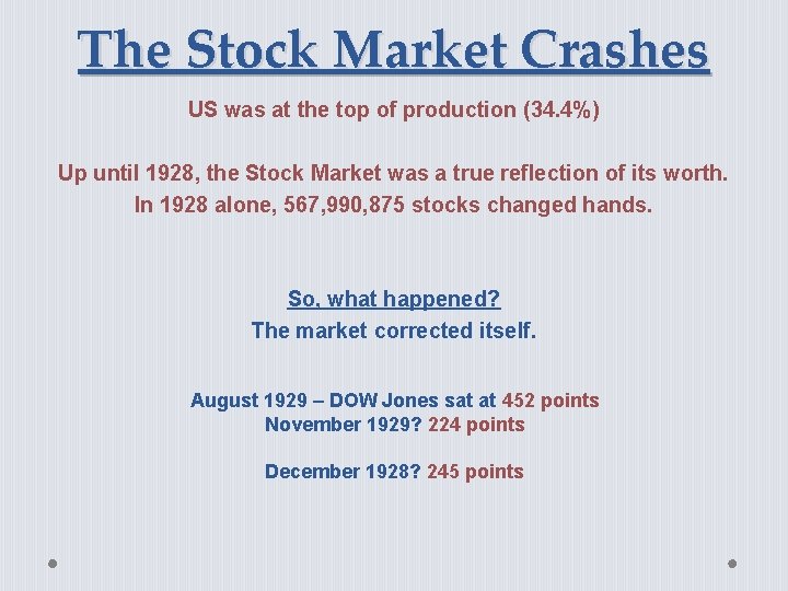 The Stock Market Crashes US was at the top of production (34. 4%) Up