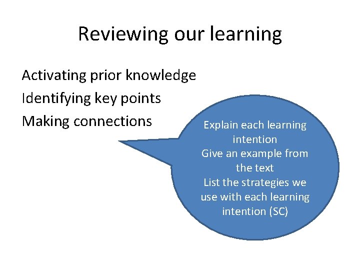 Reviewing our learning Activating prior knowledge Identifying key points Making connections Explain each learning