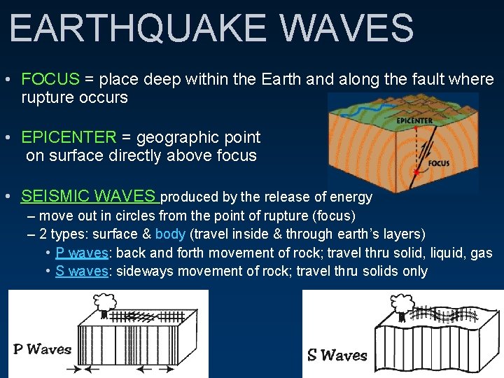 EARTHQUAKE WAVES • FOCUS = place deep within the Earth and along the fault