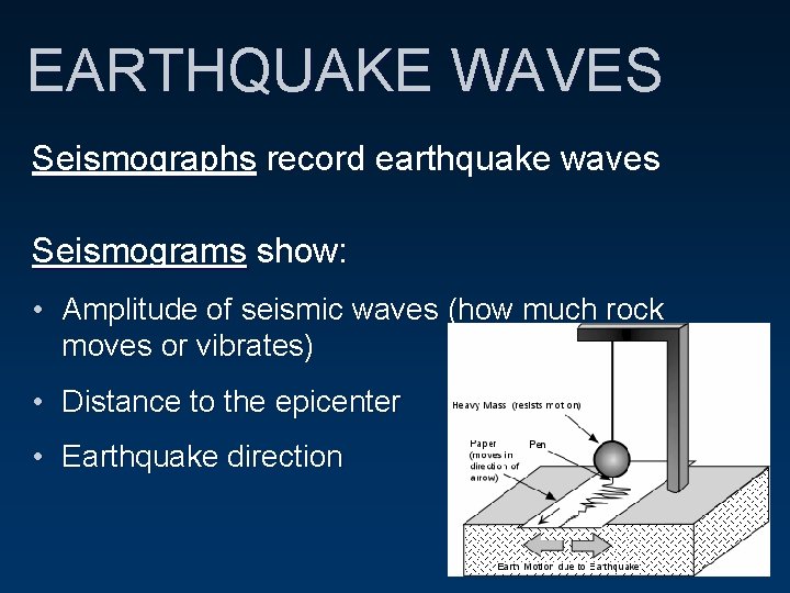 EARTHQUAKE WAVES Seismographs record earthquake waves Seismograms show: • Amplitude of seismic waves (how