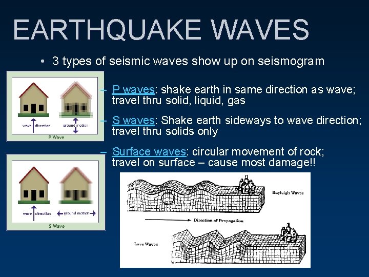 EARTHQUAKE WAVES • 3 types of seismic waves show up on seismogram – P