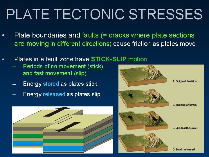 PLATE TECTONIC STRESSES • Plate boundaries and faults (= cracks where plate sections are